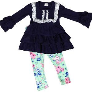 Little Girl Kids Long Sleeve Tunic Solid Top Floral Legging Pant Tight Set 2T-8